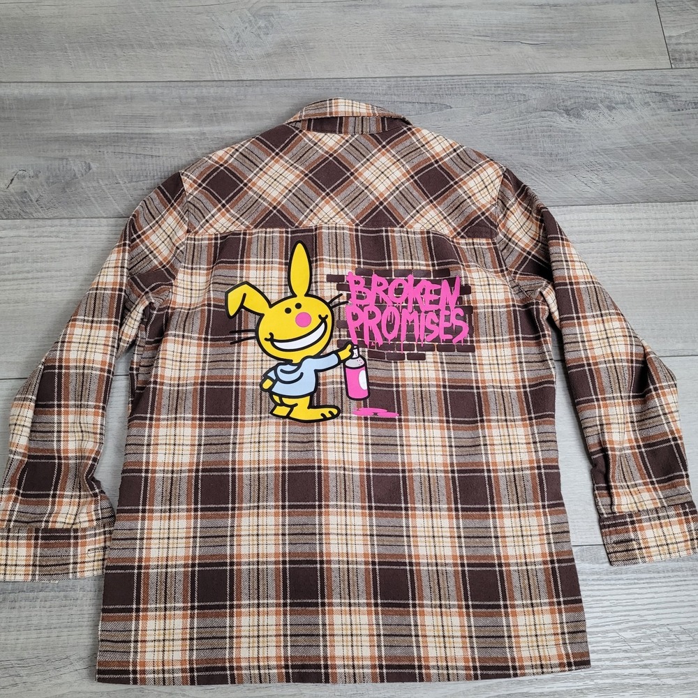 🐰Broken Promises x Happy Bunny Flannel Women's S Brown Plaid Graphic Y2K Art - Picture 2 of 16